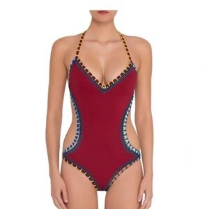 KIINI Red Soley Mono Maillot Crochet Trim Cutout One Piece Boho Swimsuit NWOT L